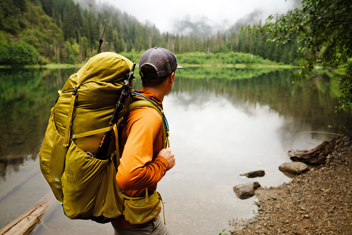 REI Co-op Flash 55 backpack (view from side by lake)